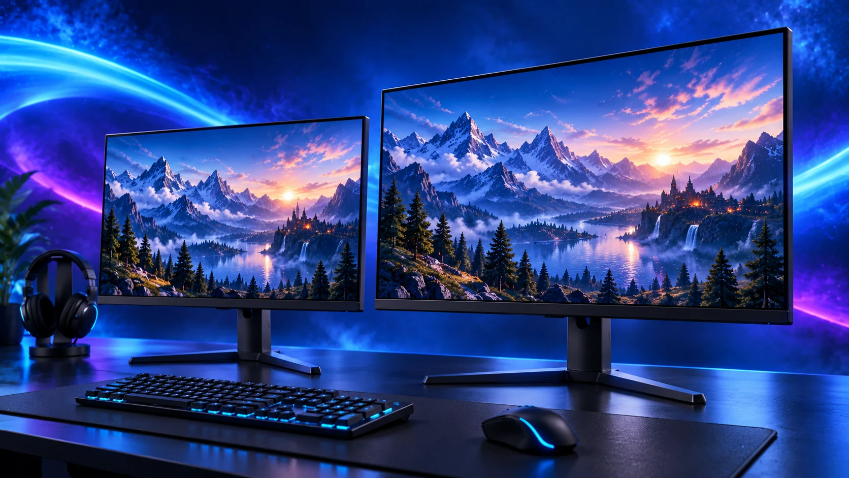 Photorealistic illustration of two gaming monitors showing a colourful landscape against a navy, cyan and violet background.