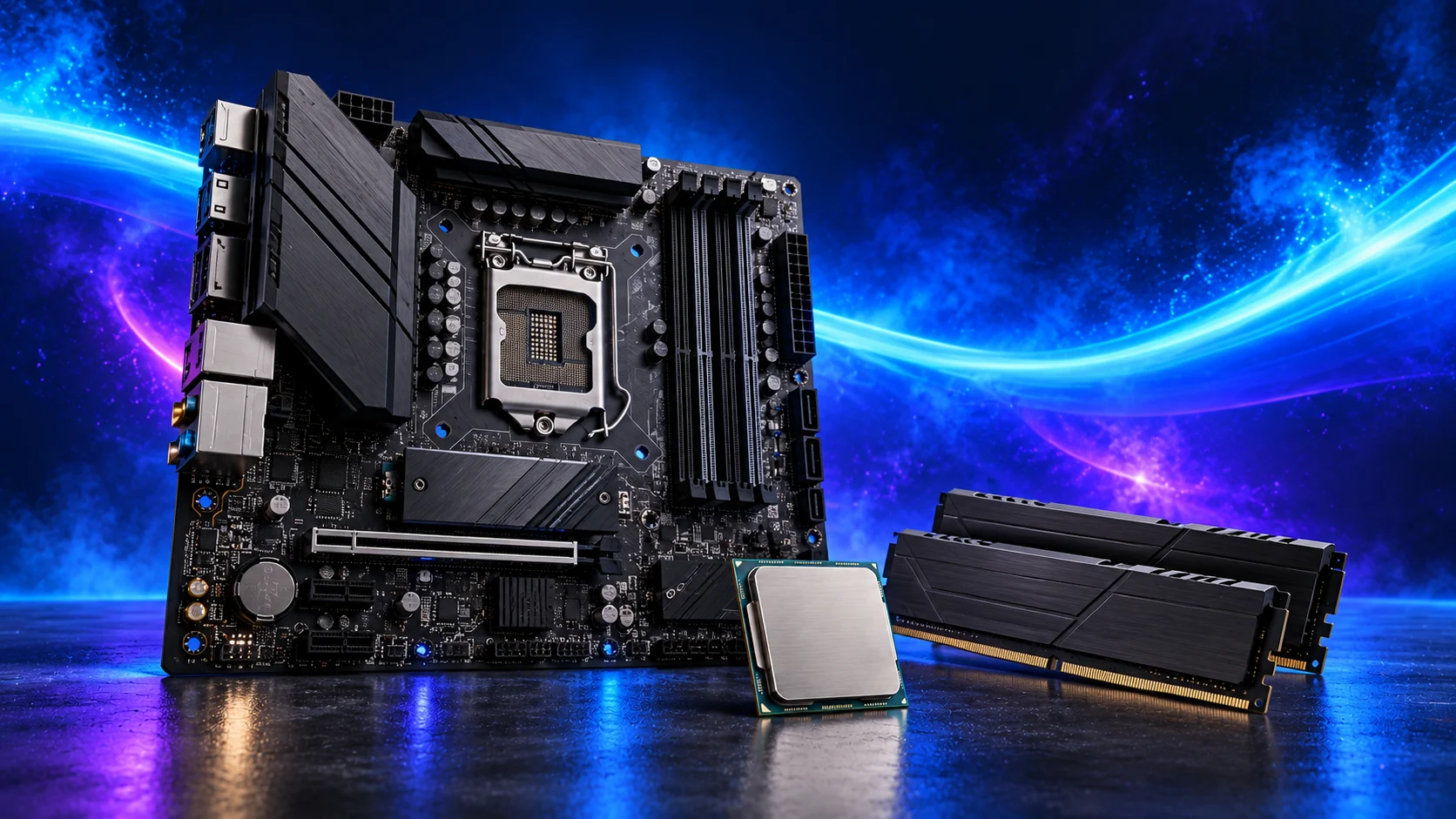 Photorealistic illustration of a desktop motherboard, processor and RAM modules against a navy, cyan and violet background.