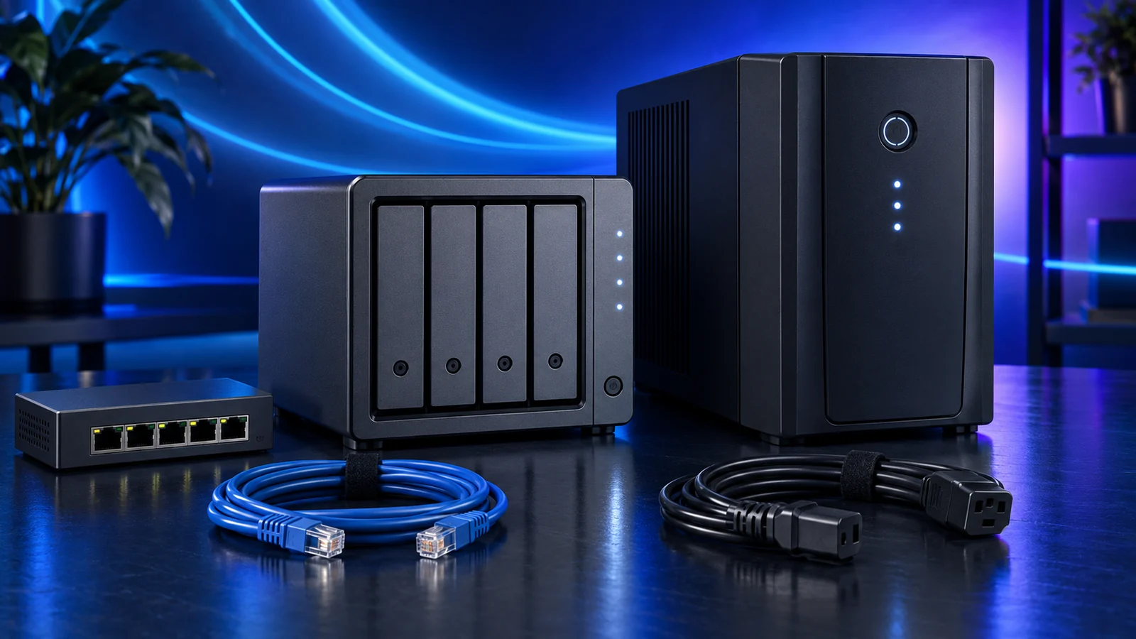 Editorial illustration of an unbranded home NAS, UPS and network switch with neatly arranged cables