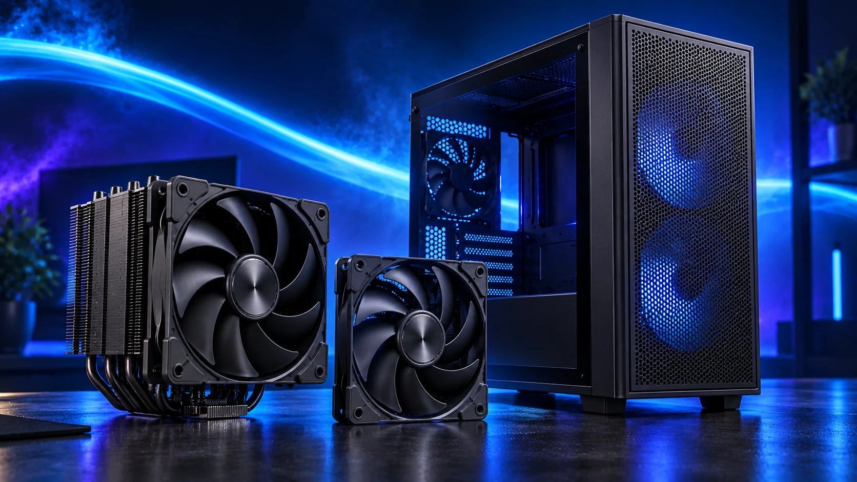 Photorealistic illustration of an understated PC case, large air cooler and case fan against a navy, cyan and violet background.