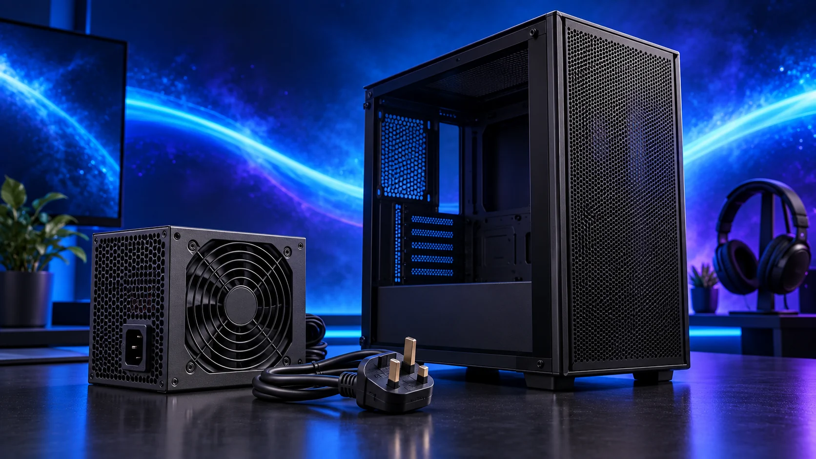 Photorealistic illustration of an unlit PC, power supply and unplugged UK mains lead against a navy, cyan and violet background.
