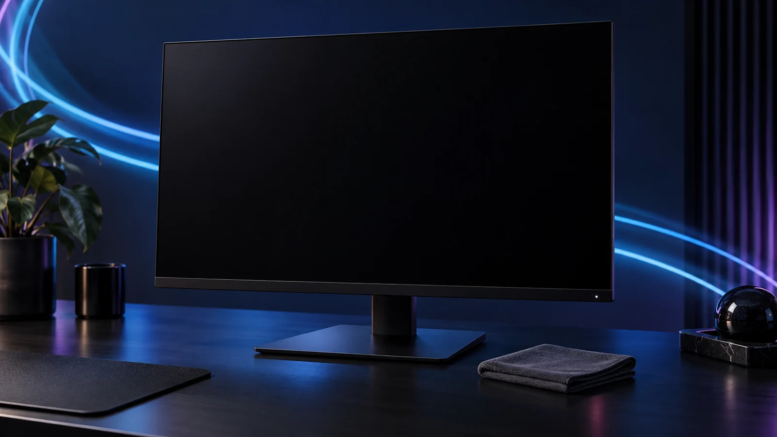 Illustration of an OLED monitor in standby with a dry microfibre cloth beside it