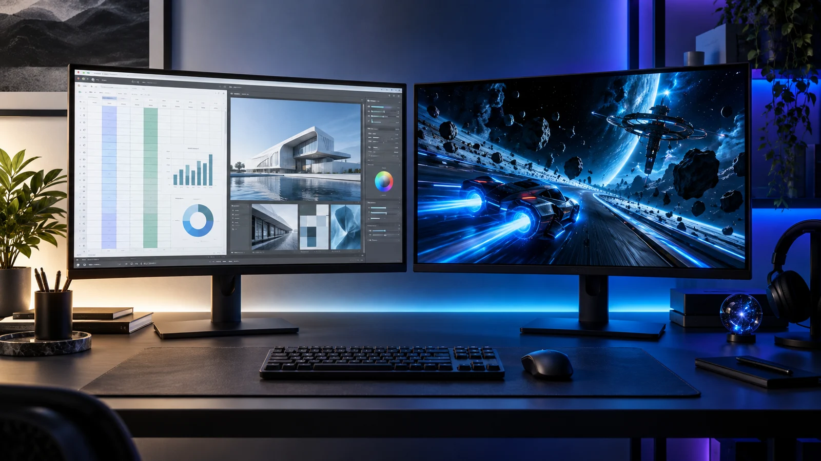 Illustrated work and gaming desk with two monitors, a keyboard and a mouse