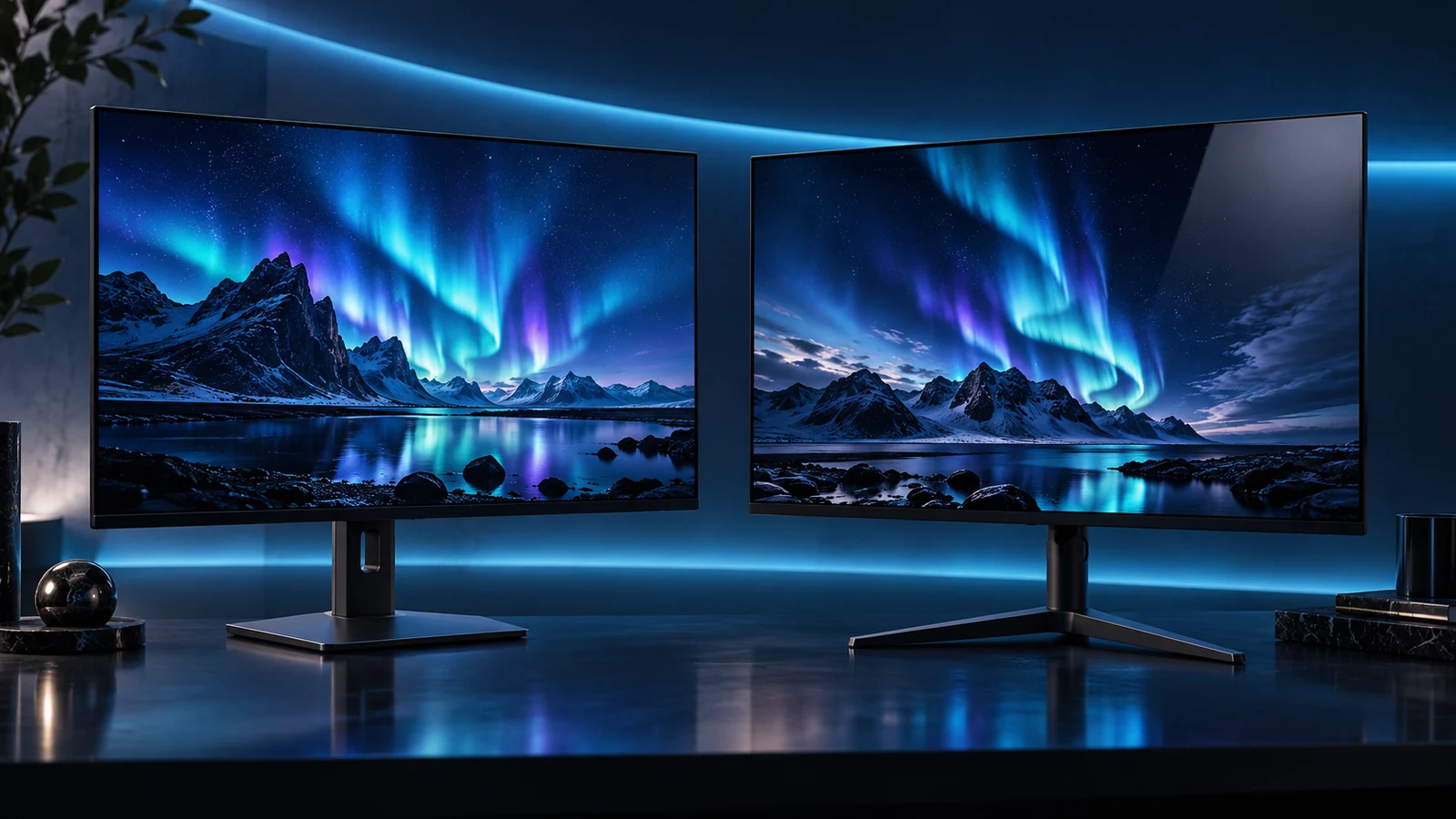 Illustrated OLED monitor pair showing different screen finishes in a cyan-lit studio