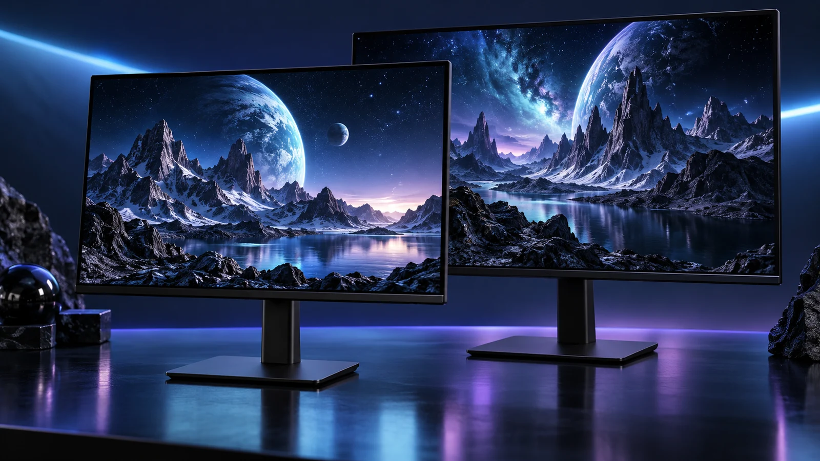 Illustration of two different sized gaming monitors with detailed blue space scenes