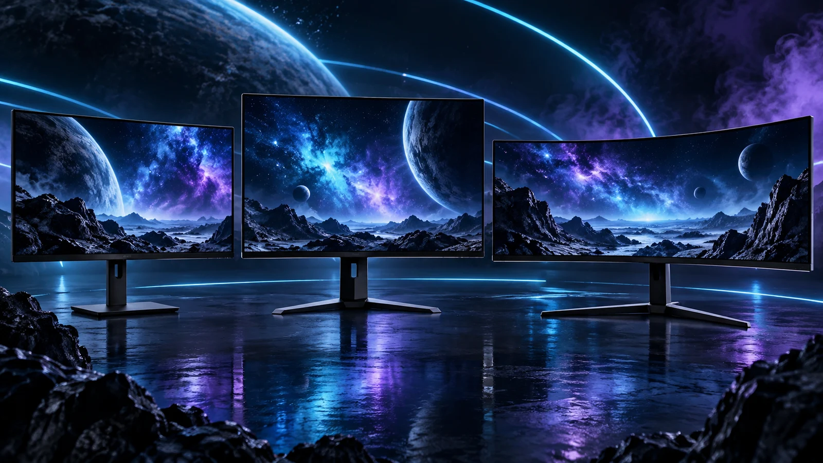 Illustration of flat and ultrawide OLED gaming monitors against a blue and violet backdrop