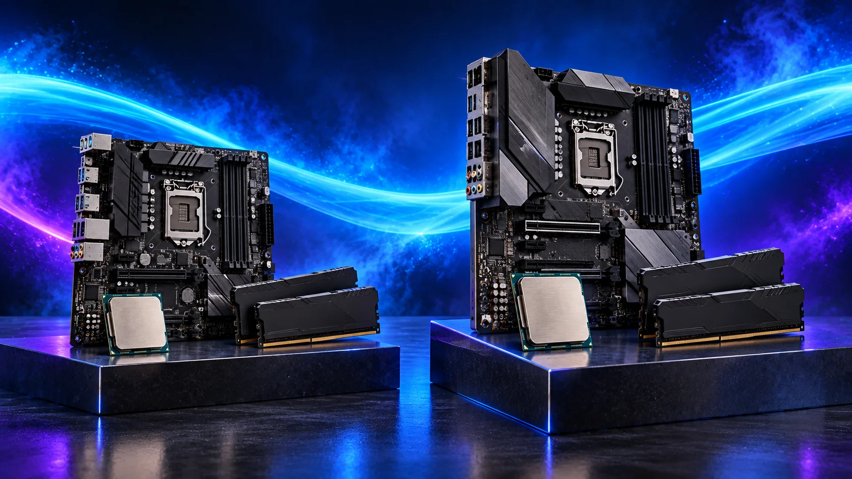 Photorealistic illustration of two desktop motherboard, processor and memory combinations against a navy, cyan and violet background.