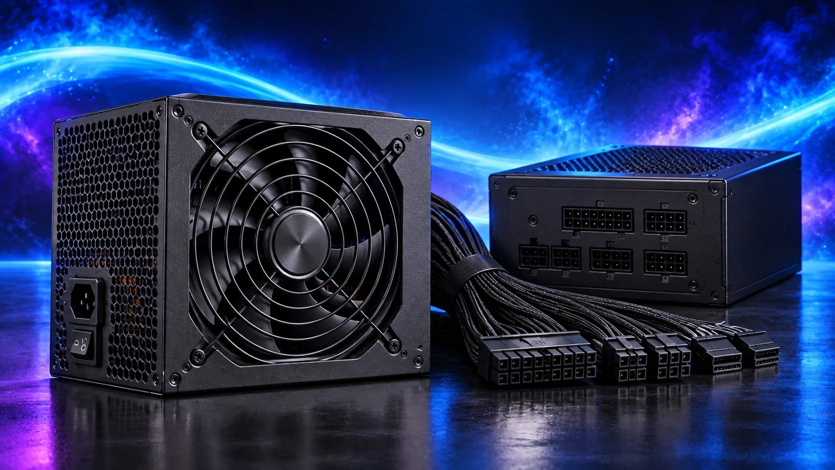 Photorealistic illustration of two desktop power supplies with cables against a navy, cyan and violet background.