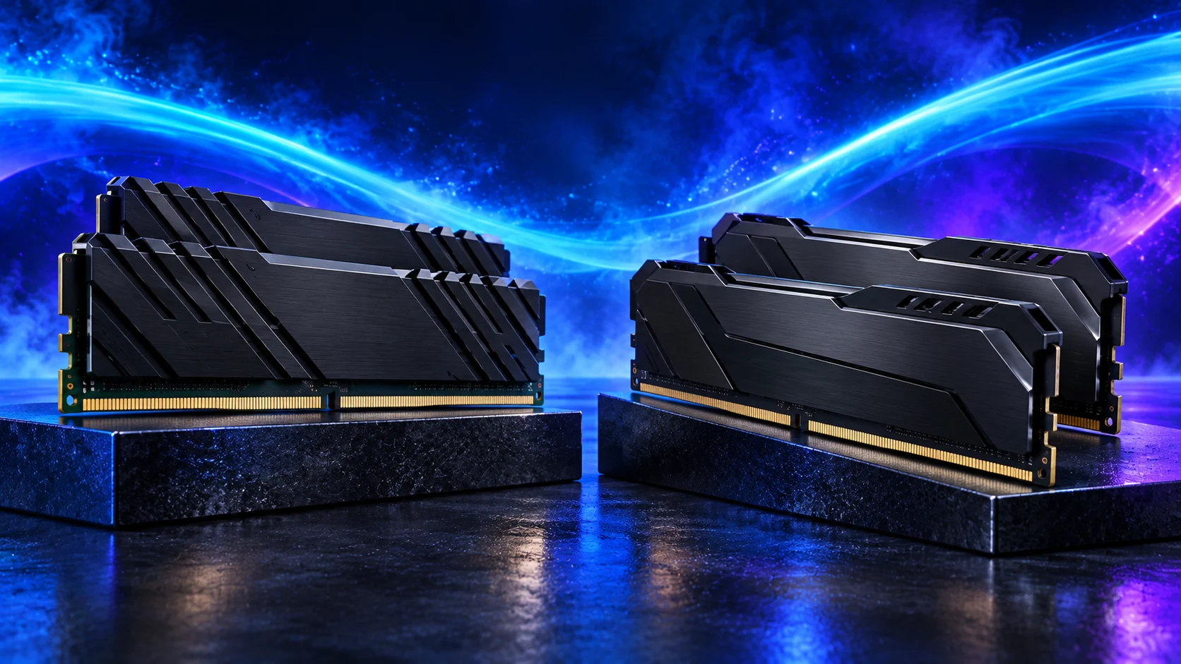 Photorealistic illustration of two matched pairs of black desktop memory modules against a navy, cyan and violet background.