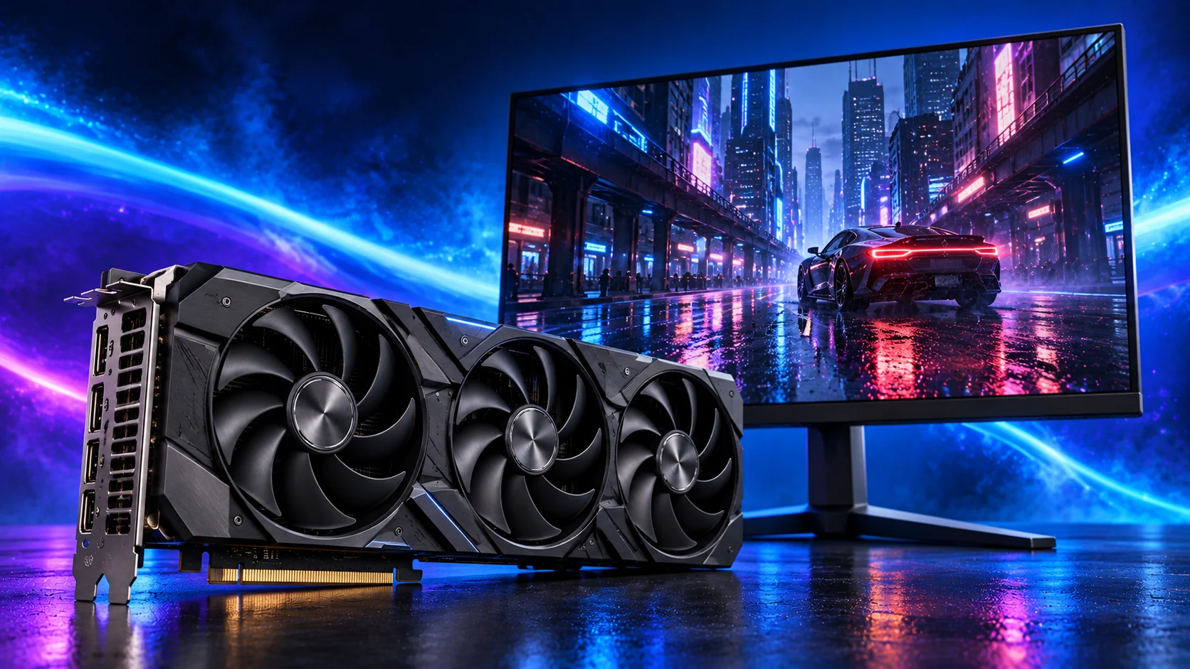 Photorealistic illustration of a graphics card and monitor showing a reflective futuristic street against a navy, cyan and violet background.