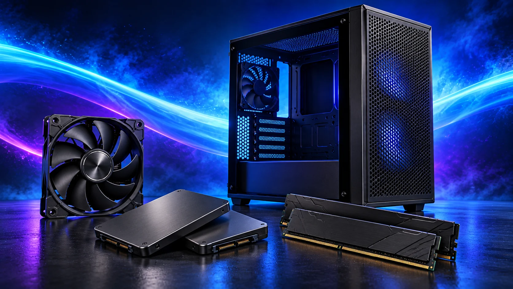 Photorealistic illustration of reusable storage drives, memory, a fan and a PC case against a navy, cyan and violet background.