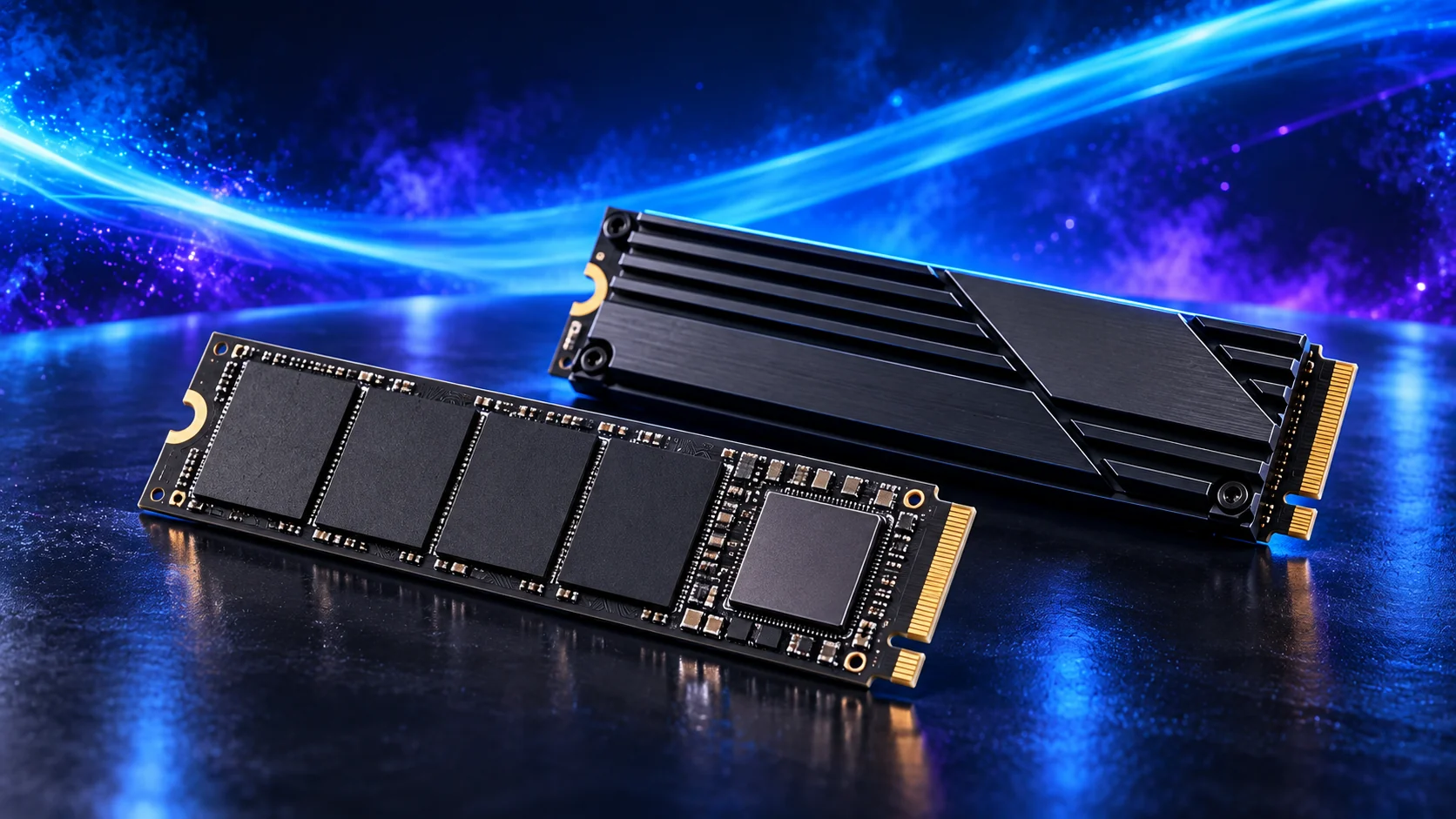 Photorealistic illustration of two M.2 solid state drives against a navy, cyan and violet background.