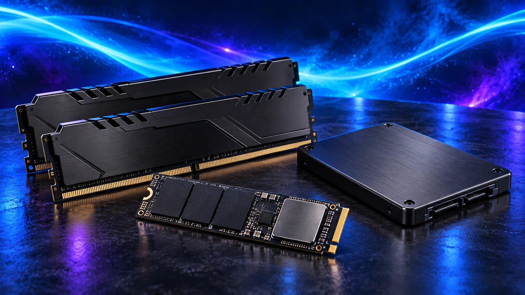 Photorealistic illustration of desktop memory modules, an M.2 SSD and a SATA SSD against a navy, cyan and violet background.