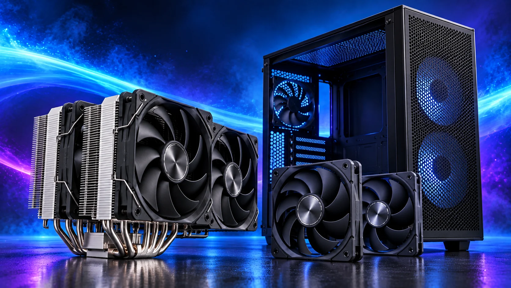 Photorealistic illustration of a CPU cooler and fans beside a mesh PC case against a navy, cyan and violet background.