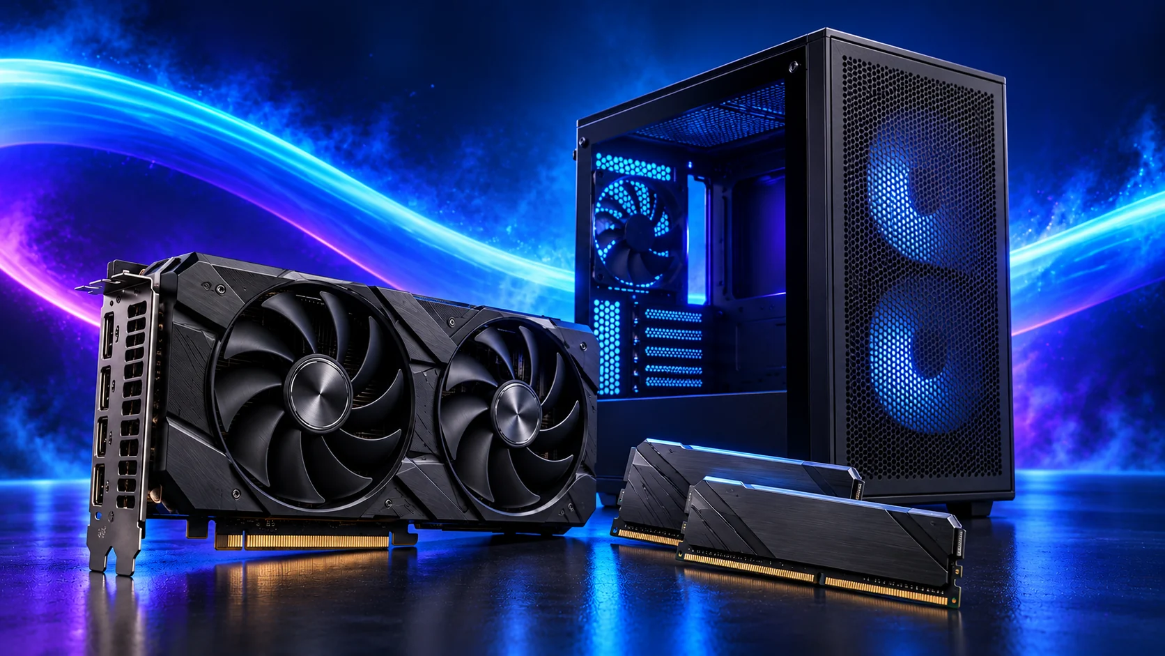 Photorealistic illustration of a graphics card and memory beside a gaming PC against a navy, cyan and violet background.