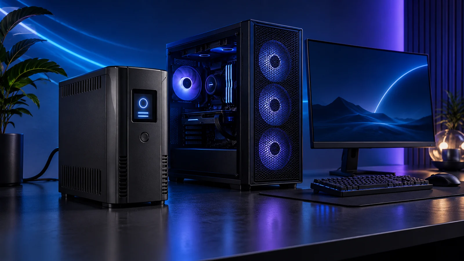 Editorial illustration of an unbranded UPS beside a gaming PC and monitor in blue and violet light
