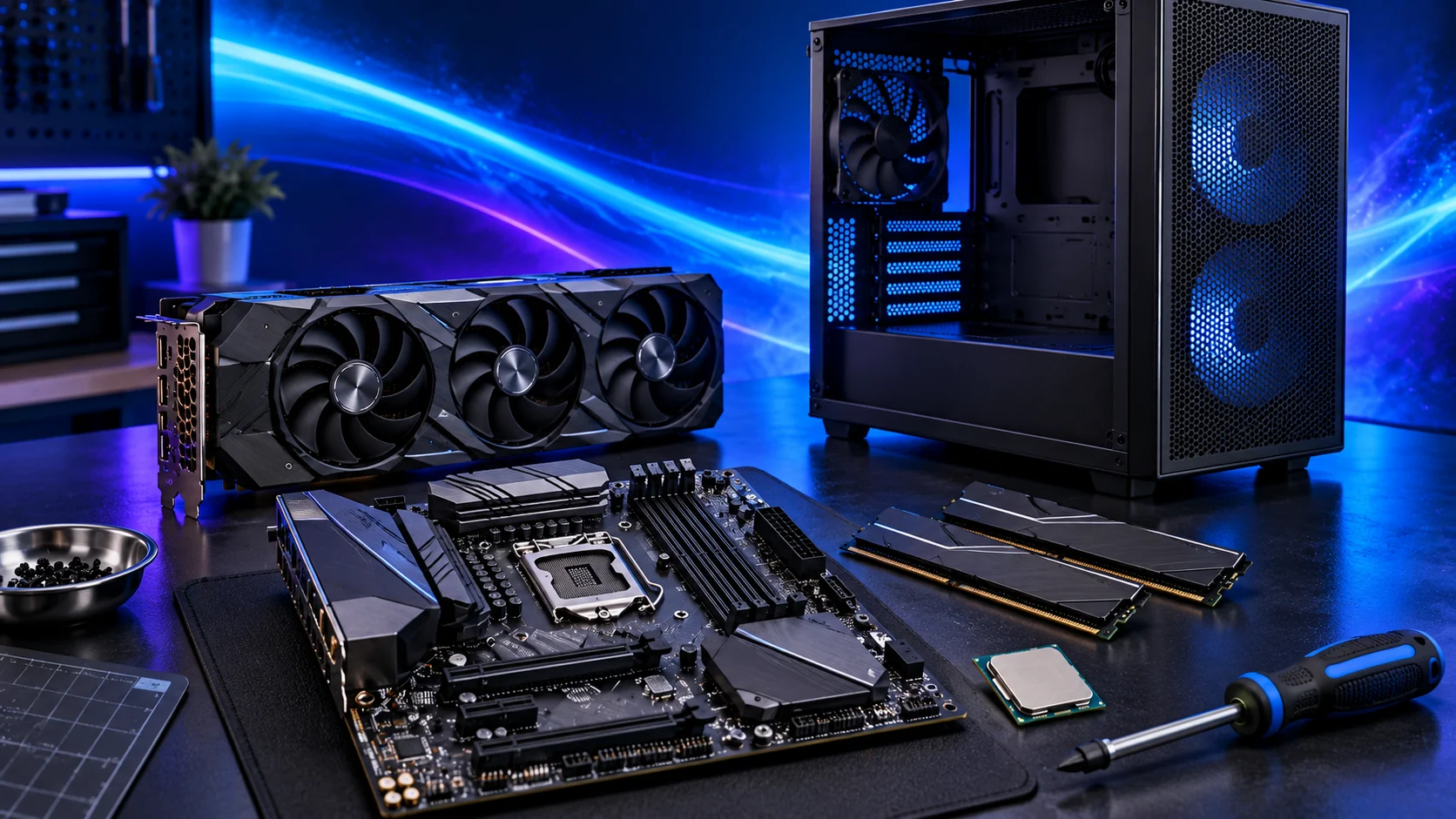 Photorealistic illustration of computer components and a screwdriver on a tidy building workbench against a navy, cyan and violet background.