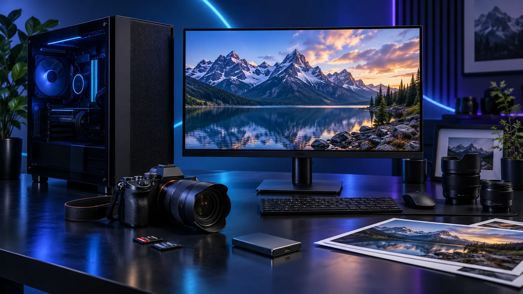 Illustration of a photography editing PC setup with blue and violet lighting