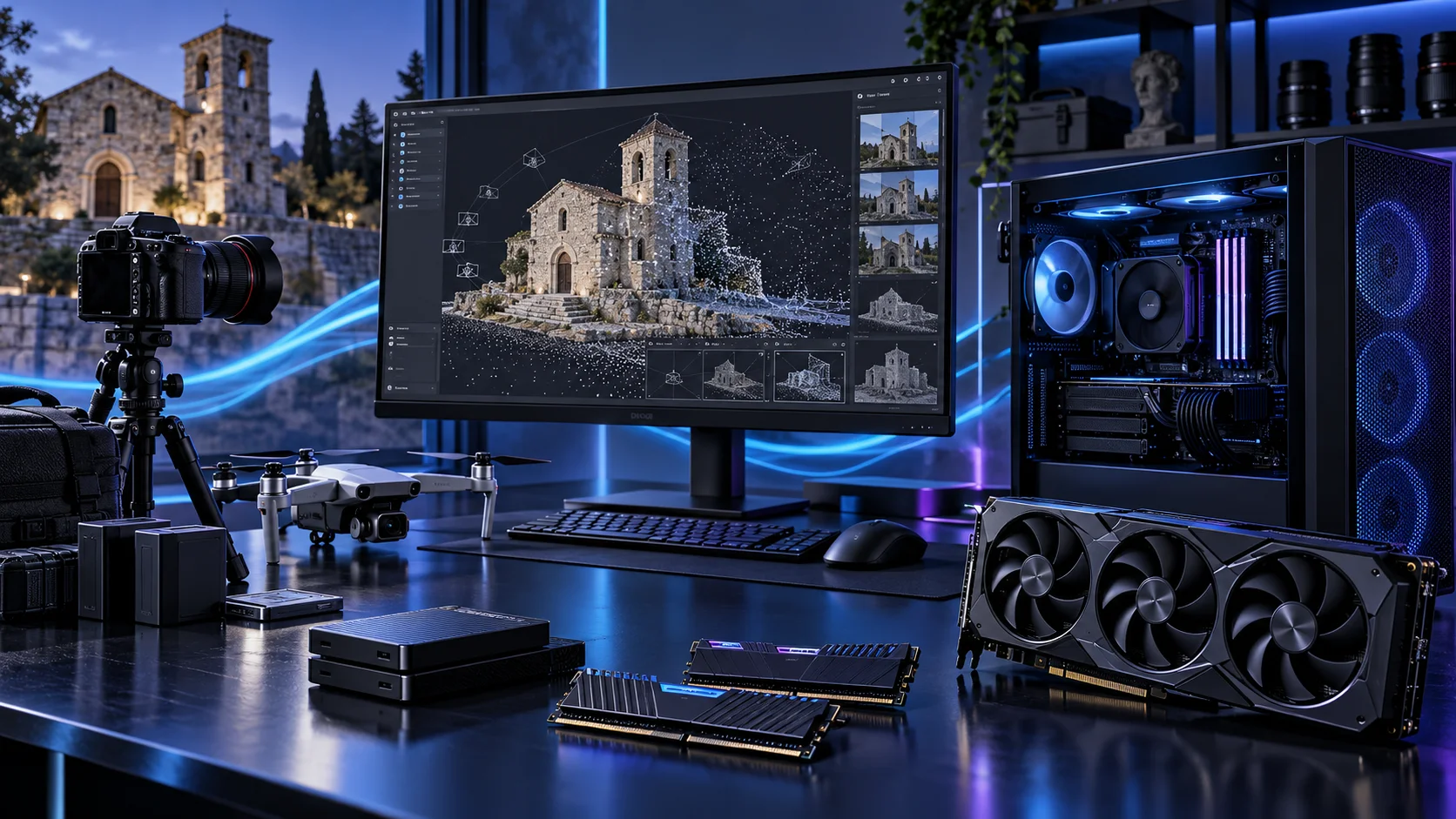 Illustration of a photogrammetry PC setup with blue and violet lighting