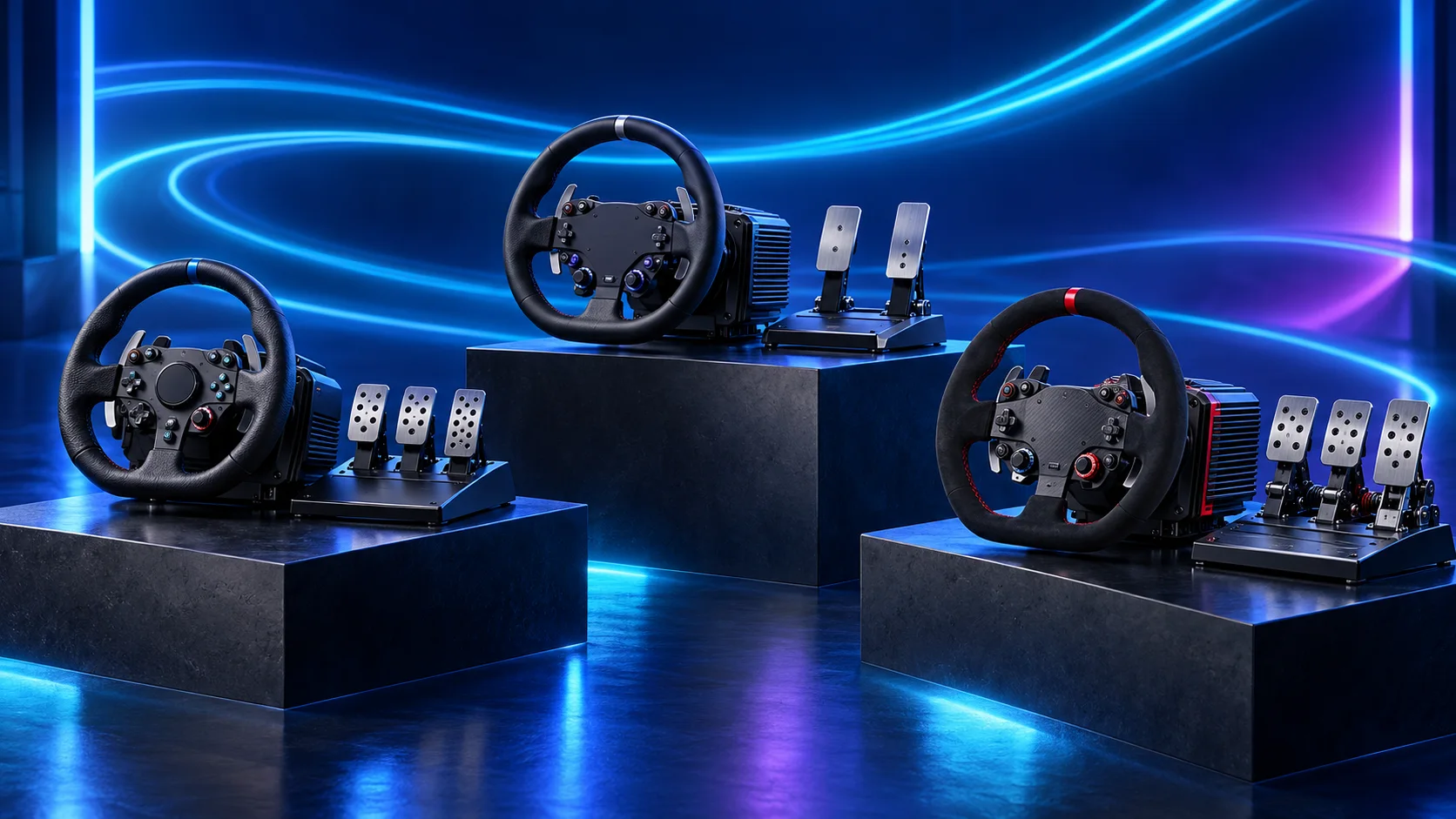 Illustration of three racing wheel and pedal setups against a blue and violet studio background.