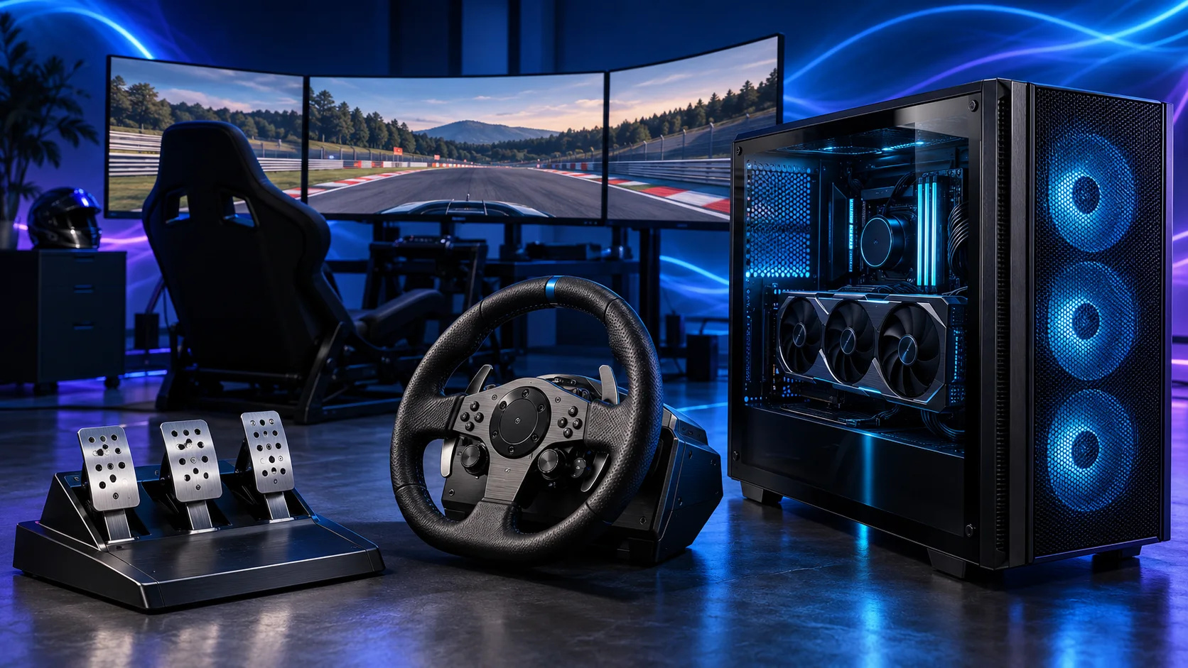 Illustration of a sim-racing PC, steering wheel, pedals and triple-screen cockpit on a navy and cyan background.