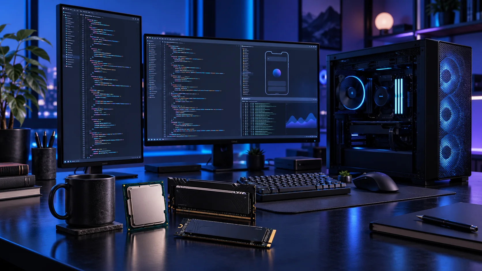 Illustration of a software development PC setup with blue and violet lighting
