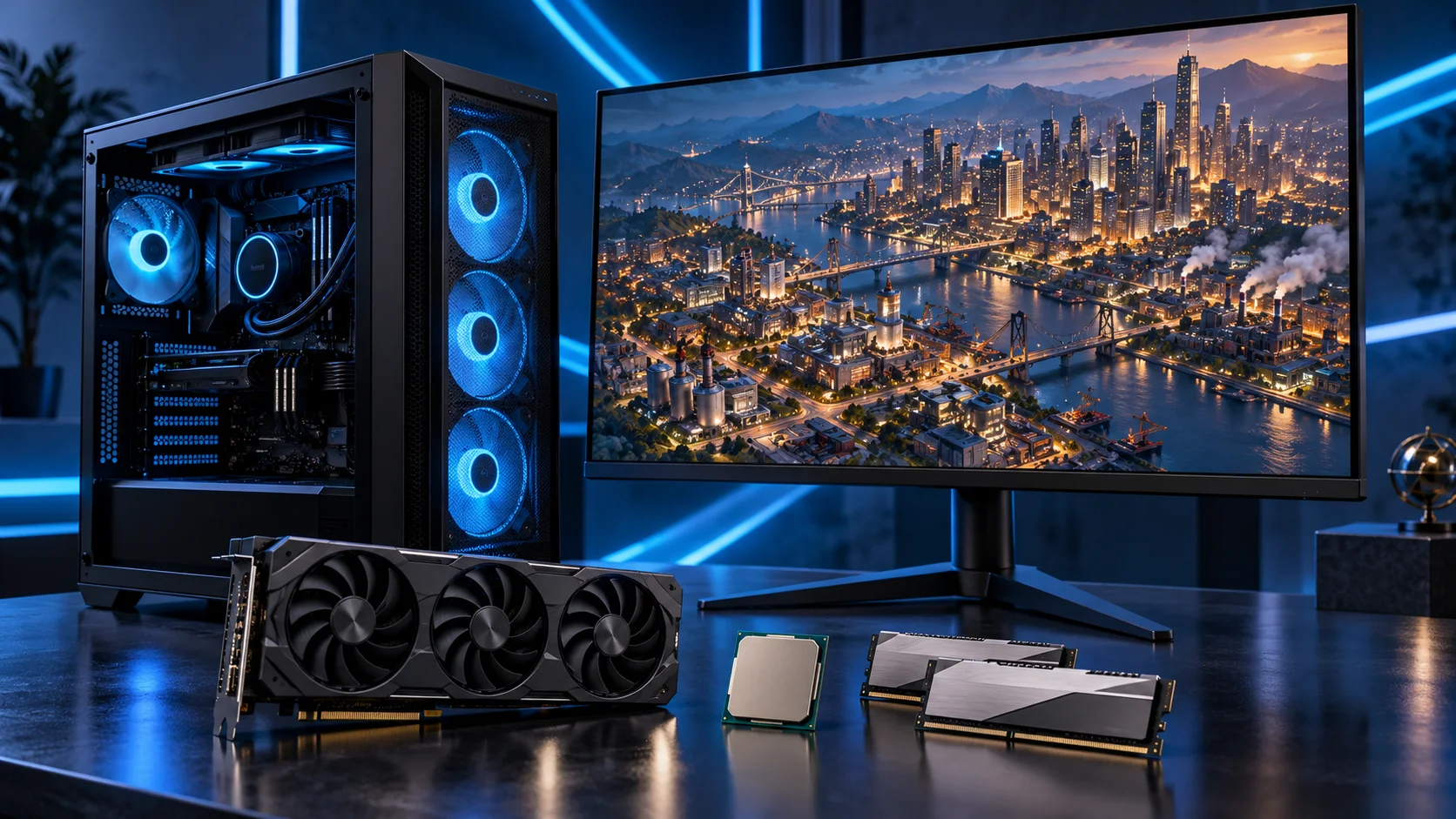 Illustration of a strategy gaming PC setup with blue and violet lighting