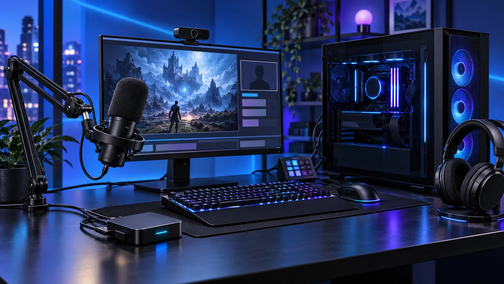 Illustration of a game streaming PC setup with blue and violet lighting