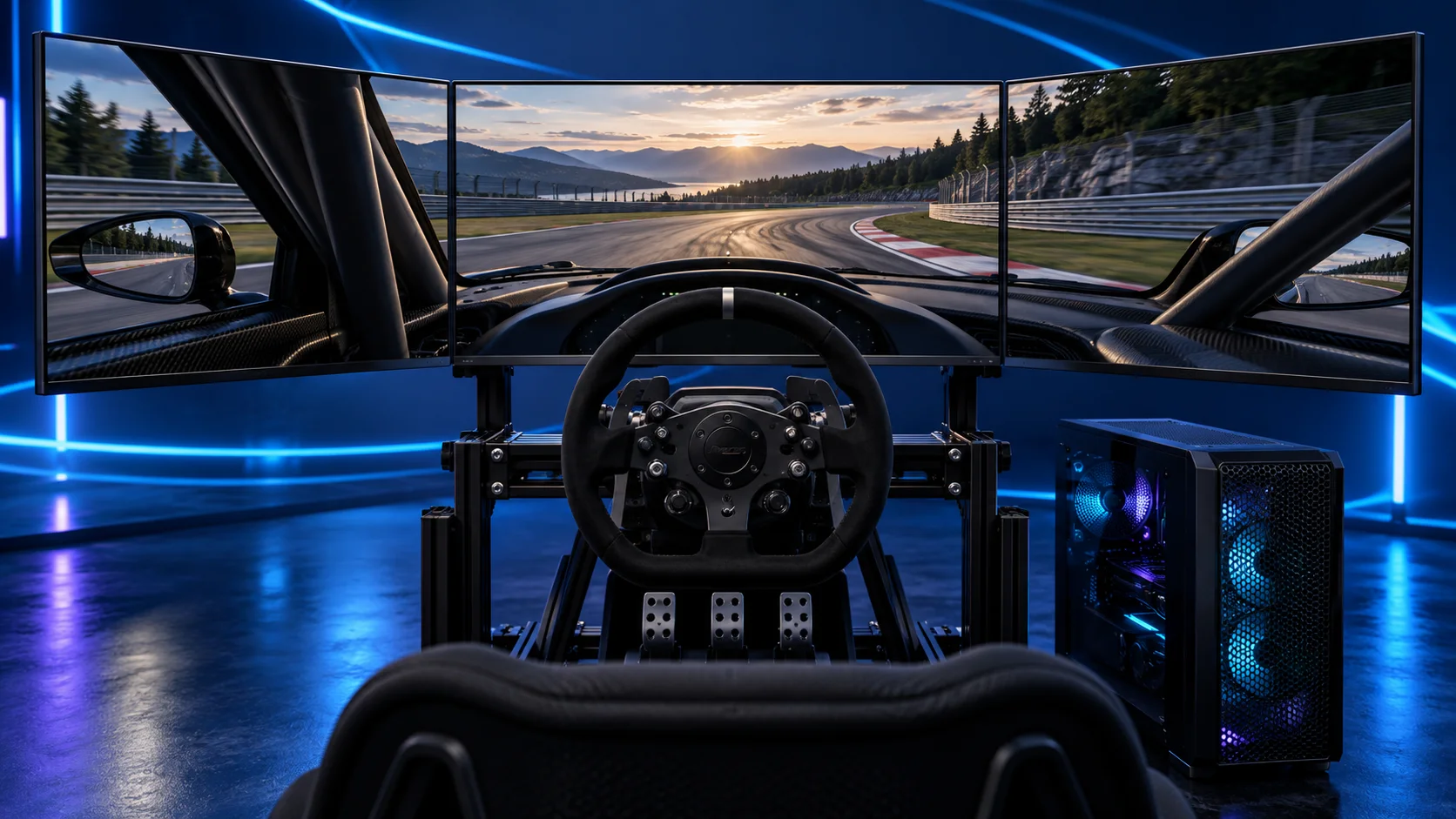 Illustration of three angled racing monitors, a steering wheel, pedals and a gaming PC.