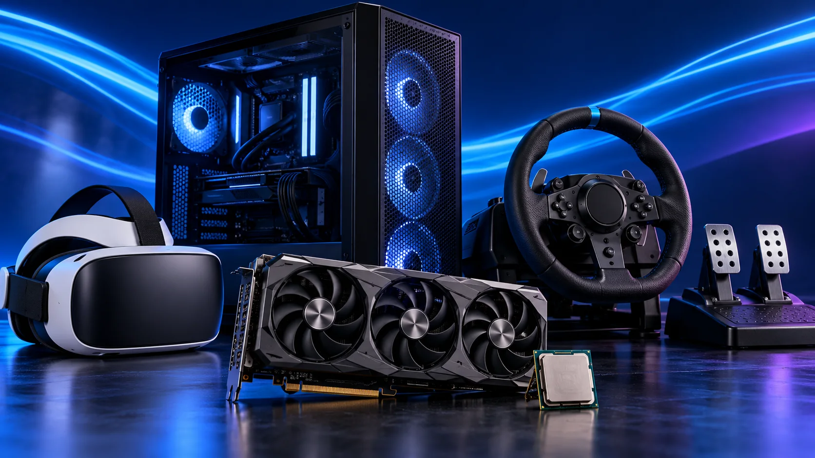 Illustration of a VR headset, graphics card, processor and sim-racing PC with wheel and pedals.